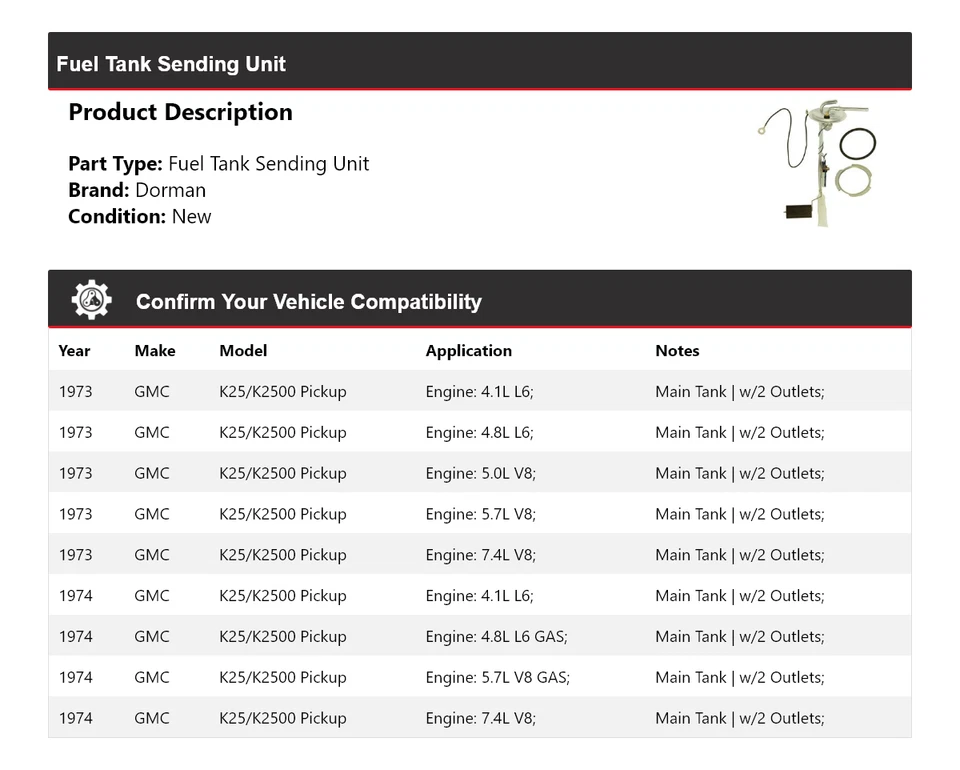 Unidad de envío de tanque de combustible Dorman para camioneta GMC K25/K2500 1973-1974 Foto 2 de 4
