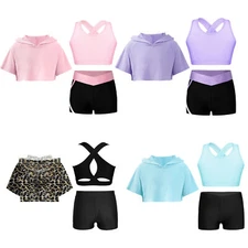 Kids Girls Crop Top Stage Hooded Tank Shorts Cross Back Vest Sportwear Costume