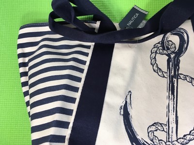 Nautica Large Canvas Beach Tote Shoulder Bag Cream Navy Blue for
