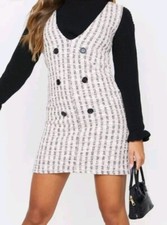 Pretty Little Thing Pink Tweed Button Front Pinafore Dress UK Size 8