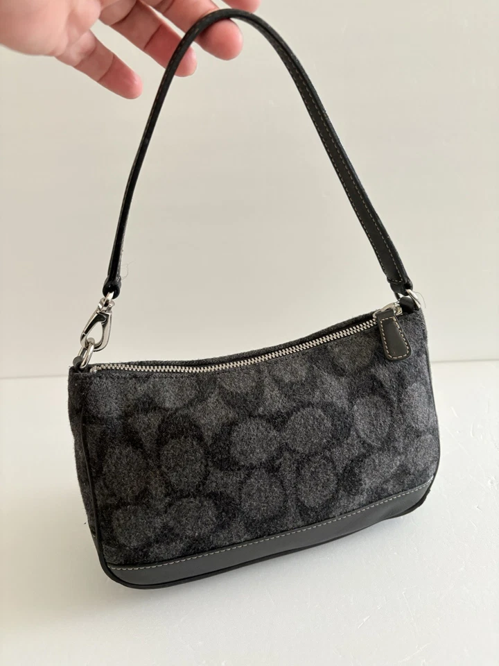 Mini baguette/bolso de mano/bolso de hombro Coach vintage de lana negro #7720 Foto 3 de 4