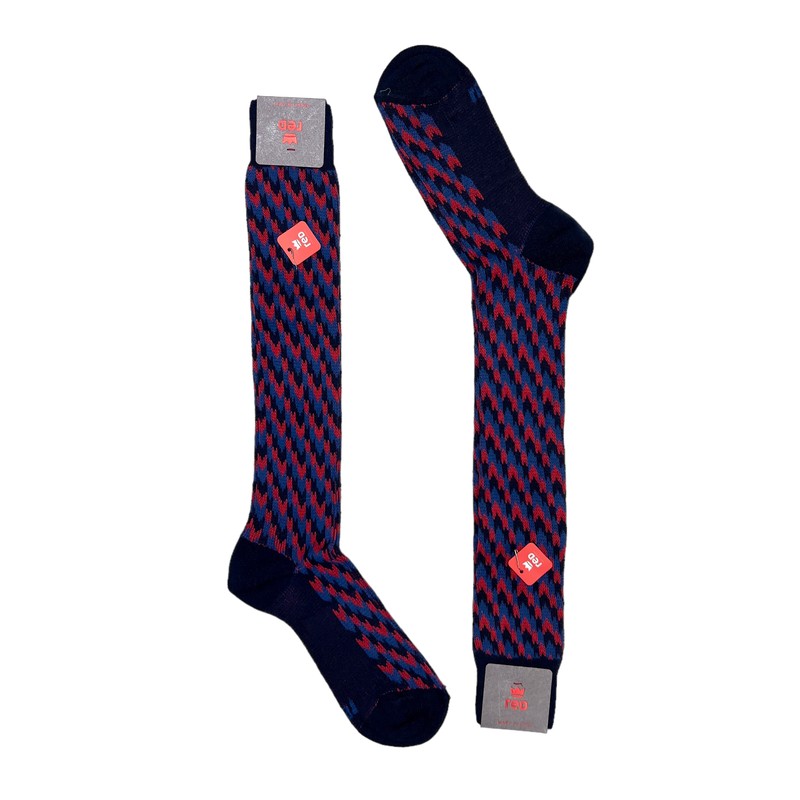 Men's Long Socks Red Blue Color Vega/Genziana Red With Jacquard Work