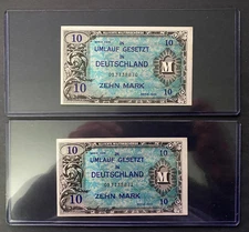 RARE UNC Sequential Pair WWII 10 Mark Allied Military Currency 1944 – 1 Set Only