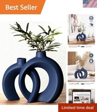 Elegant Set of 2 Matte Navy Blue Ceramic Vases - Coastal Home Decor Accent