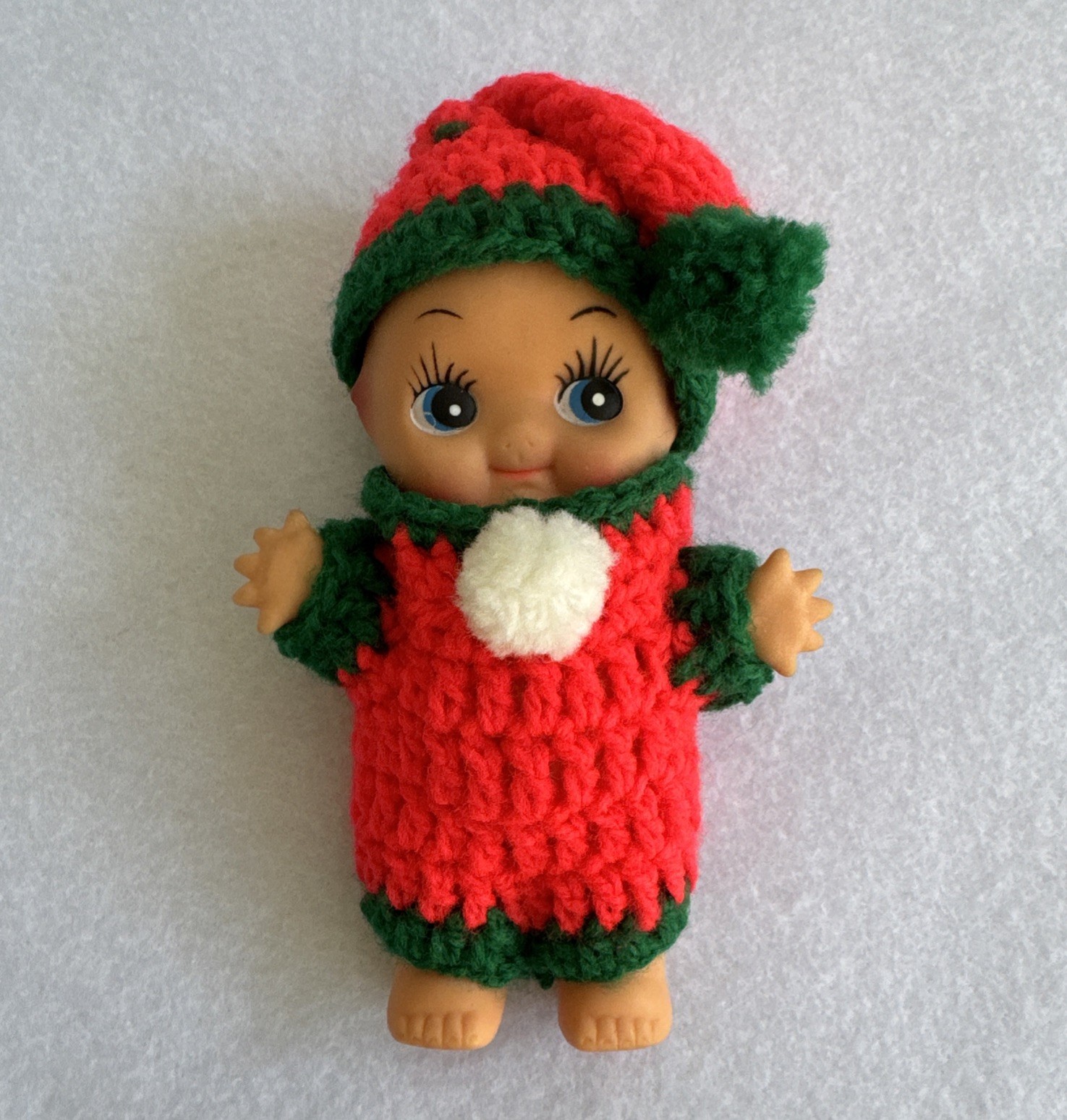 Vintage Elf Kewpie Doll 6” Red Hand Crochet Elf Outfit Rubber Excellent