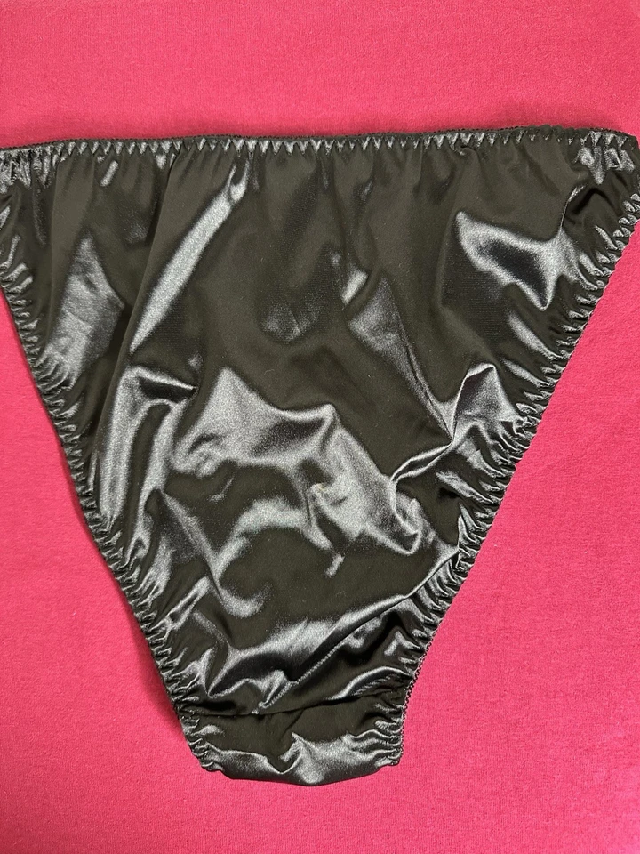 XL BLACK SATIN SECOND SKIN HIGH CUT BIKINI PANTIES W/100% COTTON GUSSET - Image 2 of 4