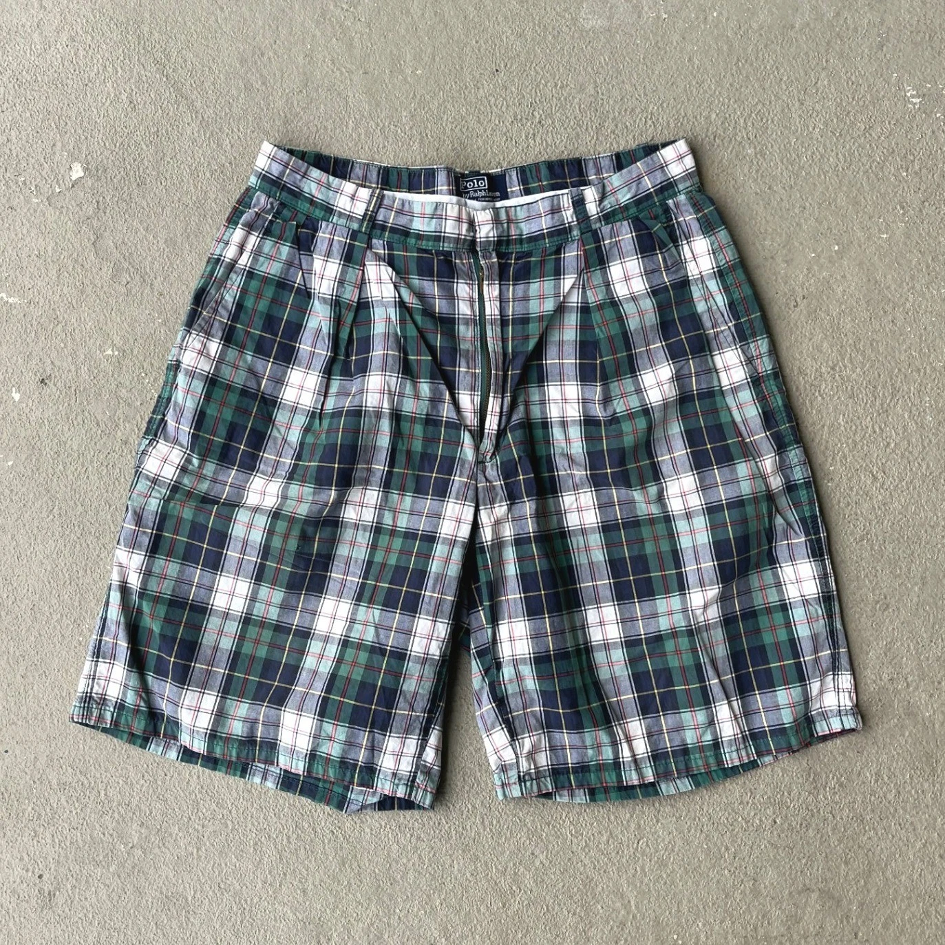 Vintage Polo Ralph Lauren Plaid Pleated Cinch Back Shorts Mens 33 Green Made USA