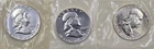 90% SILVER US Franklin Half Dollars Lot of 3 1961, 1962, 1963- P UNC cellophane