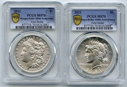 2021 Morgan + Peace Silver Dollar 2-Coin Set PCGS MS70 First Strike 100th - Q639