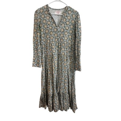 Hampton House 100% Cotton Green Floral Longsleeve Midi Dress Sz S Nice!