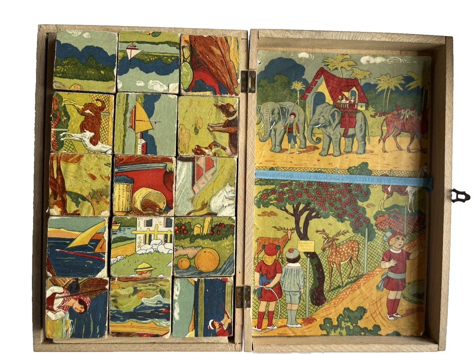 Jeu de Cubes Ancien 6 Puzzles Cirque Mer Campagne Montagne Football Zoo - Photo 2/4