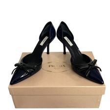 Prada Vintage 2000s Navy Patent Leather Bow D’Orsay Heels Italy 38 New with Box