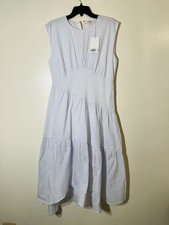 Frame gathered seam seersucker midi dress light chambray white NWT sz L $498.00