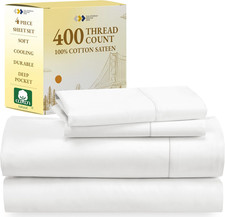 King Bed Sheets Set - Soft 400 Thread Count Sateen, 100 Cotton Sheets, Deep Poc