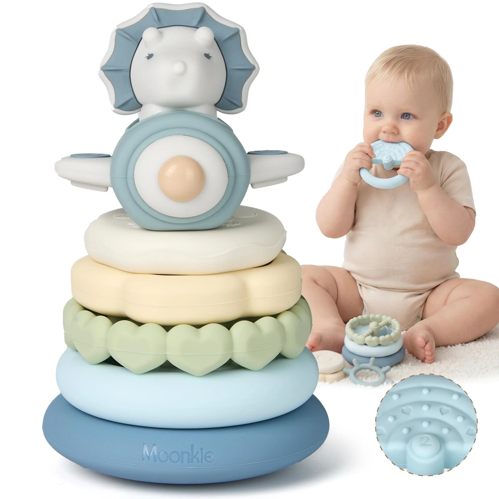 Dinosaur Baby Stacking Toys | 7-Piece Silicone Rings for Teething Relief | Ed...
