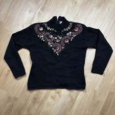 VTG Tiara International Women Large Sweater Black Embroidered Floral Turtleneck