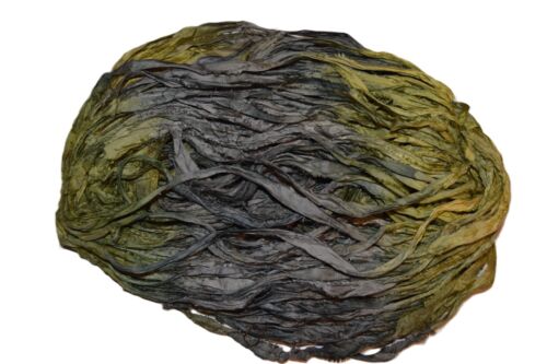 10 yards Recycled Sari Silk Ribbon Yarn, Gray Yellow - Afbeelding 1 van 2