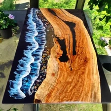 Ocean Wave Epoxy Resin Top  Dining Table Live Edge Wooden Kitchen Countertop Dec