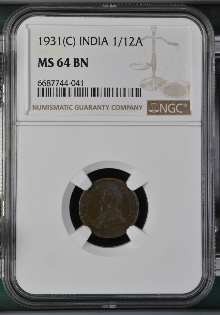 India 1/12 Anna 1931C NGC MS 64 BN