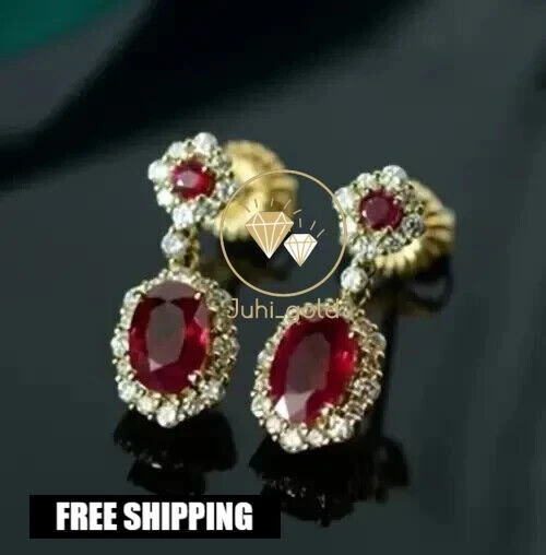 Elegantes aretes colgantes de rubí rojo simulado ovalados de 4 quilates enchapados en oro amarillo de 14 quilates para mujer Foto 4 de 4
