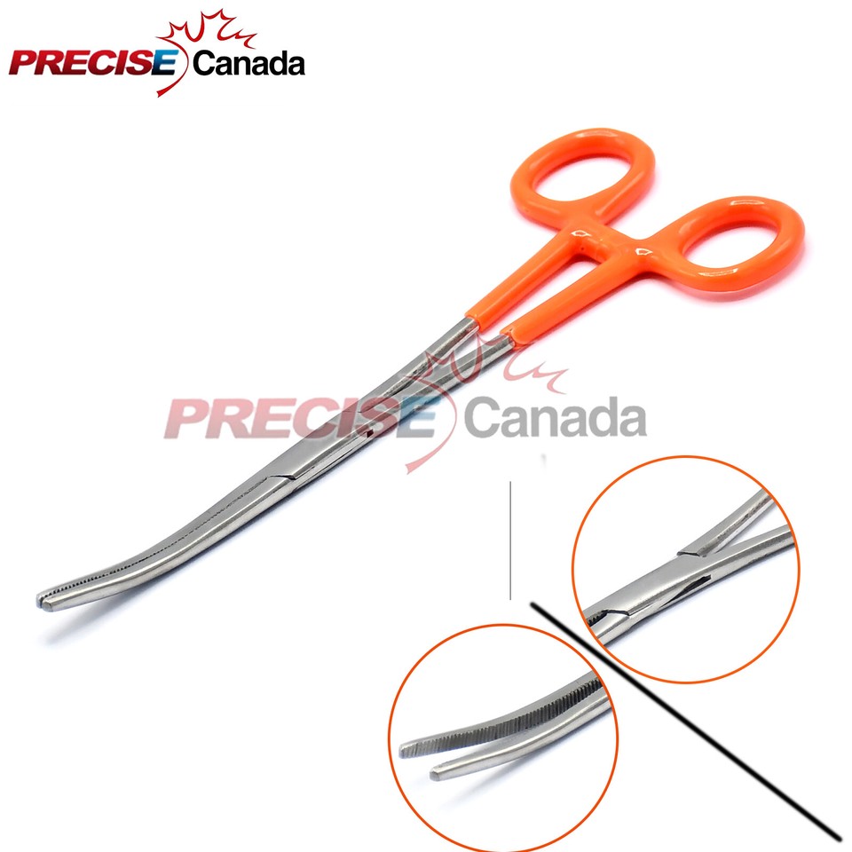 Heavy Duty German Stainless Steel Hemostat Forceps - Curved Serrated 8 Inch With Red PVC Grip