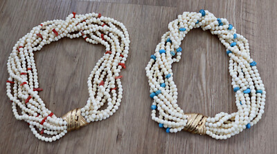 Vintage Ciner Multi Strand Faux Pearl Coral Turquoiuse Choker Necklace Pair