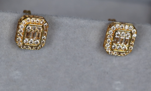 Mens Iced Out Ear Studs, Baguette Diamond Ear Studs, Womens Gold Ear Studs - Picture 6 of 7
