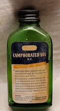 VINTAGE EMERALD GREEN BOTTLE MCKESSON CAMPHORATED OIL ORIGINAL LABEL
