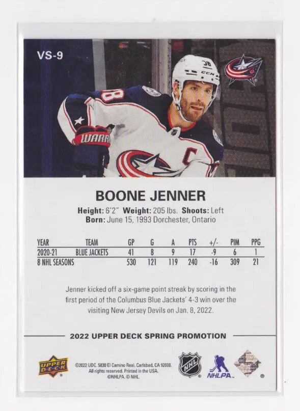 2022 UD SPRING PROMOTION VICTORY STARS INSERT BOONE JENNER #VS-9 BLUE JACKETS - Image 2 of 2