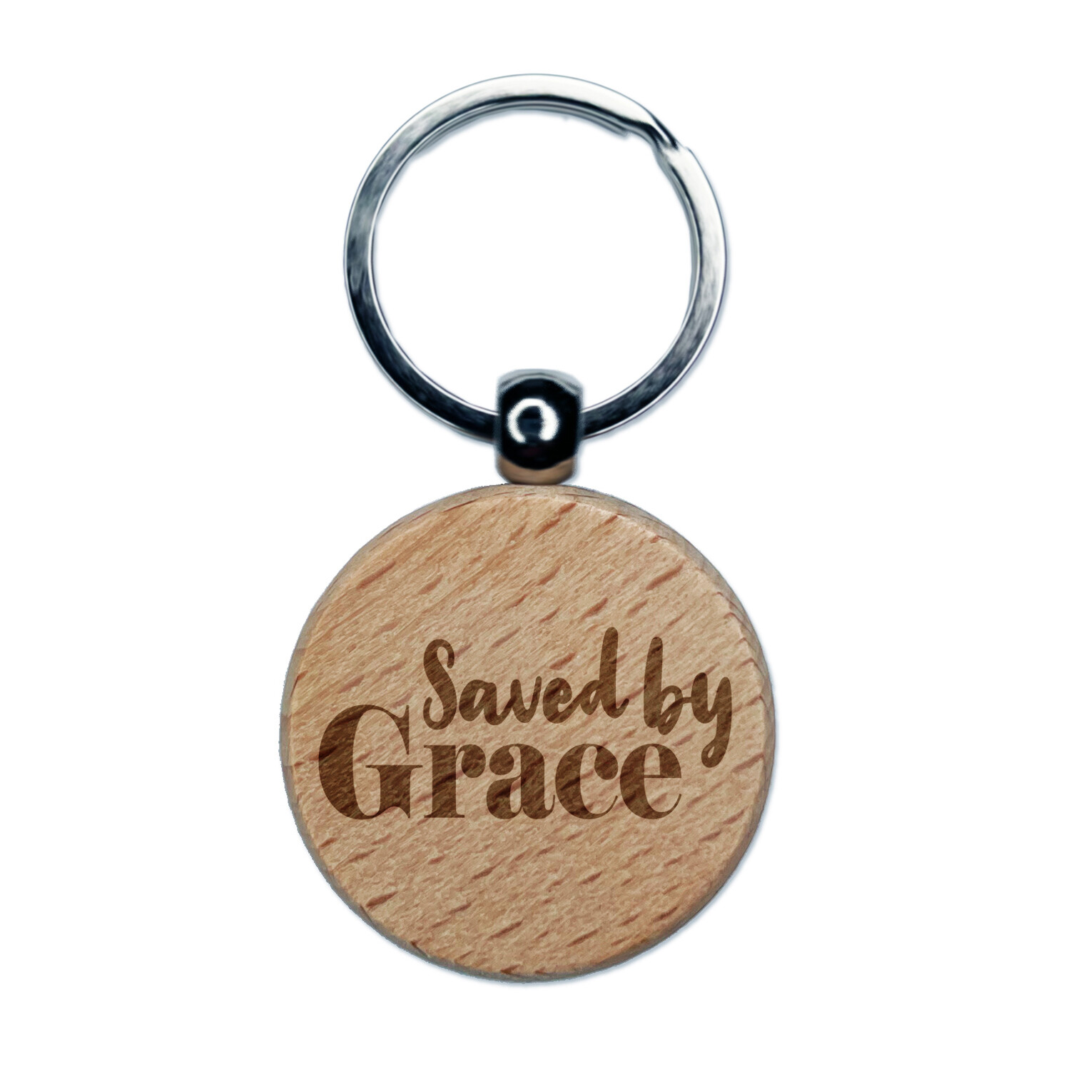 Saved by Grace Inspirational Christian Engraved Wood Round Keychain Tag Charm