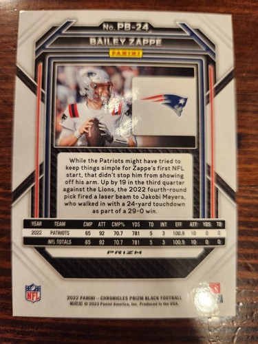 2022 Panini Chronicles-Bailey Zappe-RC-Prizm Black-Silver Prizm-#Pb-24-Patriots - Picture 2 of 2