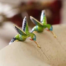 Cute Flying Hummingbird Oil Painting Earrings Enamel Hummingbird Stud Earrings