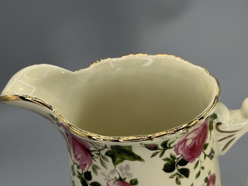 VTG Porcelain Boudoir Pitcher Beige Pink Cabbage Roses Fluted Bottom Handle - Picture 10 of 12