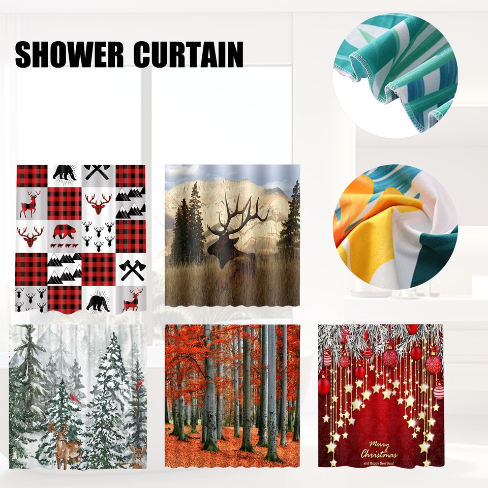 Winter Snowy Forest Shower Curtain Tree Deer Snowflake Shower Curatin