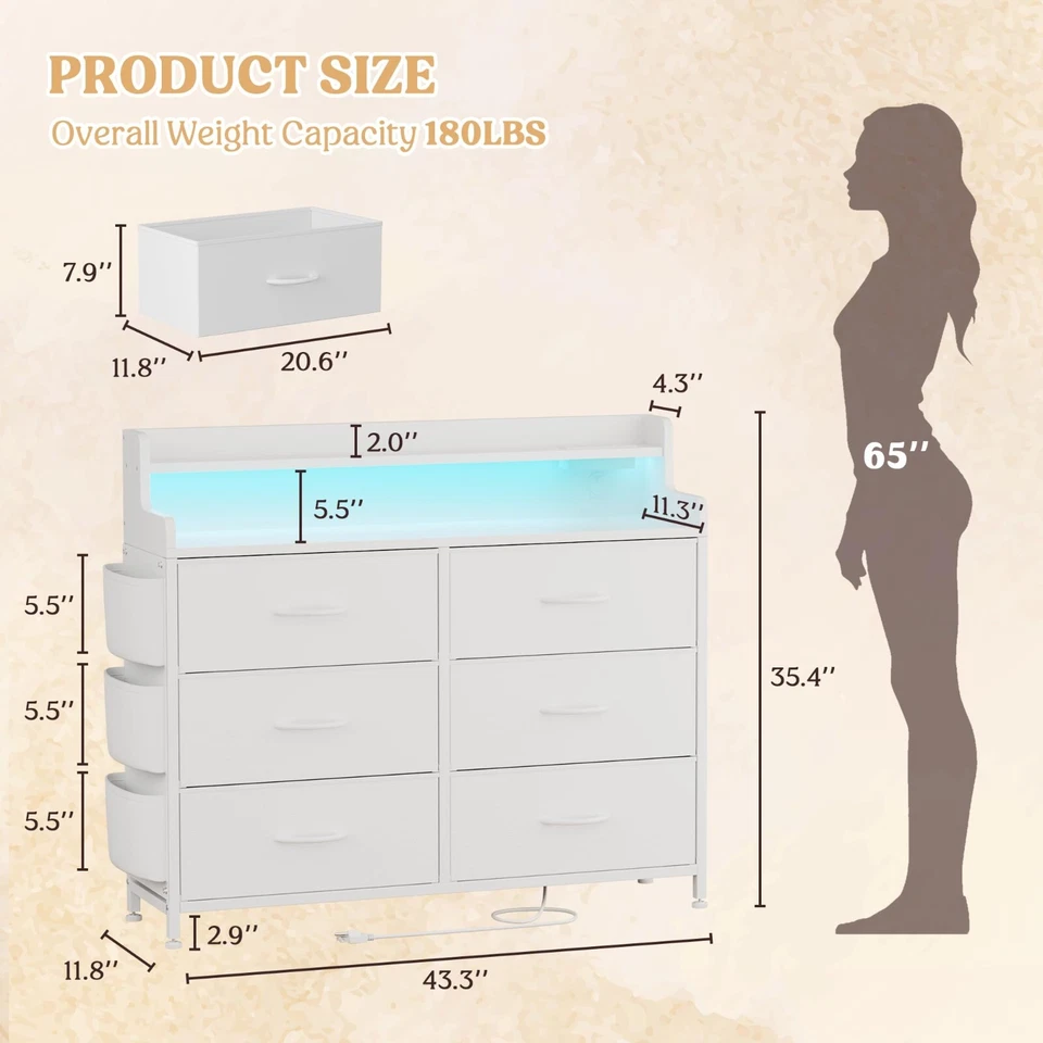 Pre-Owned 6 Drawer Dresser for Bedroom Charging Station LED Light Wood Top White - Image 4 of 4