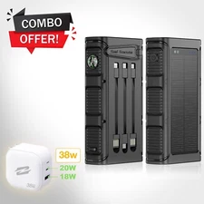 Solar Hand Crank Power Bank 30000mAh + 38W USB-C GaN Charger | PD 20W, Solar