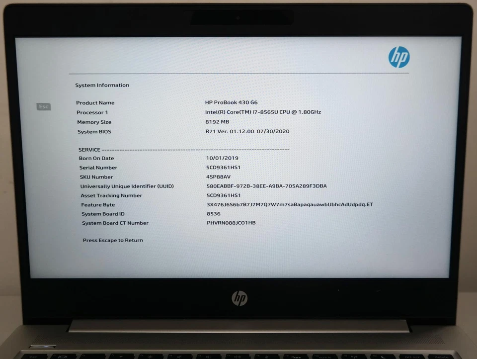 HP ProBook 430 G6 i7-8565U 1.80GHz 8GB RAM 256GB SSD 13.3in FHD ONE KEY NOT WORK - Image 3 of 4