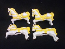 Four Yellow White Vintage Macrame Glazed Porcelain Carousel Horses 4" x 3"