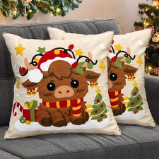 Christmas Embroidered Highland Cow Throw Pillow Covers 18x18 Set of 2 Cows Ho...