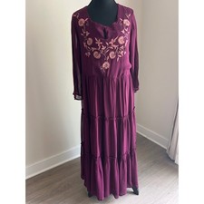April Cornell Women's Small Plum Embroidered Tiered Rayon Maxi Dress Boho Flaw