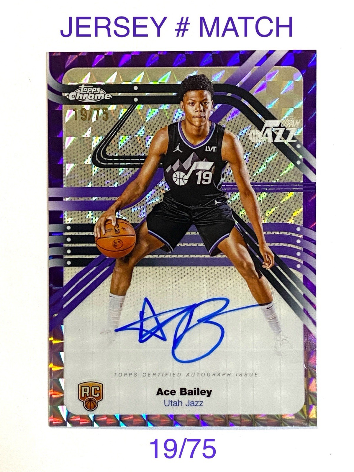 2025-26 TOPPS CHROME ACE BAILEY RC NEXT STOP SIGNATURES PURPLE AUTO 19/75 JAZZ