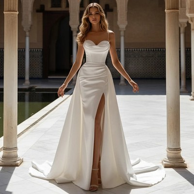 Elegant Mermaid Satin Wedding Dresses With Slit Sheath Detachable Train Long