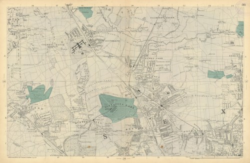 FRIERN BARNET/HORNSEY Palmers/Wood Green Southgate Muswell Hill. BACON  1886 map