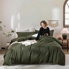 Linen Feel Duvet Cover Super King Plus 120" x 120" Olive Green-no Comforter