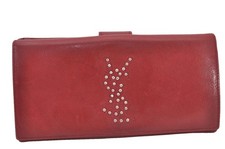 Authentic YVES SAINT LAURENT Rhinestone Long Wallet Leather Red 313AB