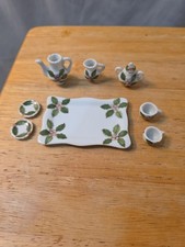 Miniature Porcelain Tea Set 9 Piece Holly Christmas Dollhouse Teapot Tray