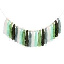 Yarn Tassel Garland with Wood Beads, 3.7ft Cotton Tassel Banner, Green Tone