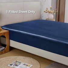 Satin Fitted Sheet Queen Size with Elastic Corner Straps Navy Luxury Silk-Like