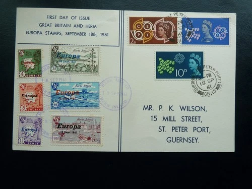 GB  First day   fdc  POSTCARD from 1961 CEPT combined with Herm .Guernsey CDS
