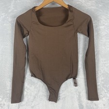 Skims Essential Long Sleeve Scoop Neck Bodysuit Brown Small